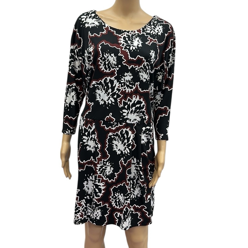 Metaphor Black Floral 3 Quarter Sleeve Stretch Zip Side Sheath Dress Womens XL